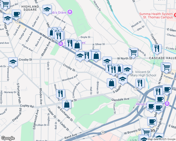 map of restaurants, bars, coffee shops, grocery stores, and more near 25 South Valley Street in Akron