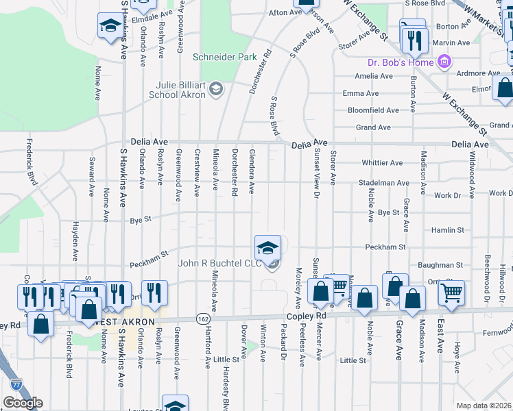 map of restaurants, bars, coffee shops, grocery stores, and more near 597 Glendora Avenue in Akron