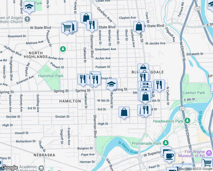 map of restaurants, bars, coffee shops, grocery stores, and more near 1618 Andrew Street in Fort Wayne