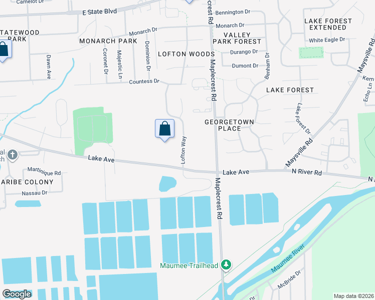 map of restaurants, bars, coffee shops, grocery stores, and more near 1408 Lofton Way in Fort Wayne