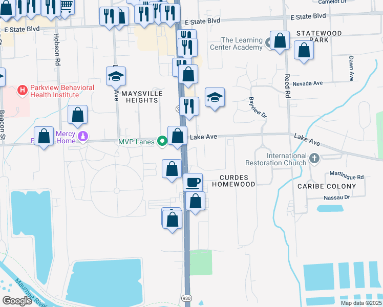 map of restaurants, bars, coffee shops, grocery stores, and more near 1328 North Coliseum Boulevard in Fort Wayne