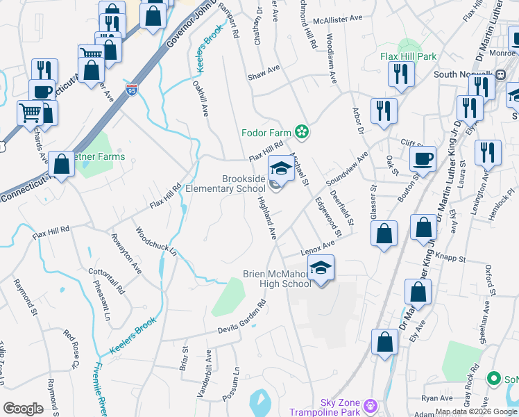 map of restaurants, bars, coffee shops, grocery stores, and more near 377 Highland Avenue in Norwalk