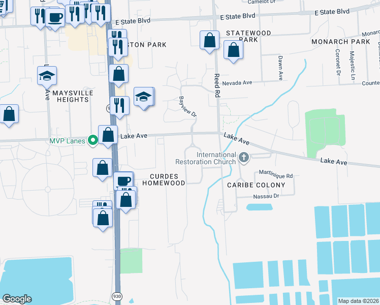map of restaurants, bars, coffee shops, grocery stores, and more near 1316 Pinehurst Drive in Fort Wayne
