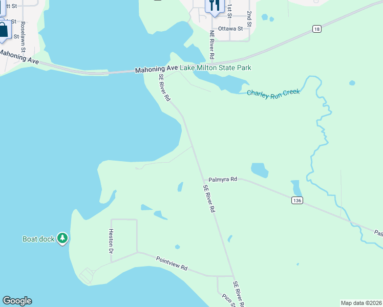 map of restaurants, bars, coffee shops, grocery stores, and more near 352 Southeast River Road in Lake Milton