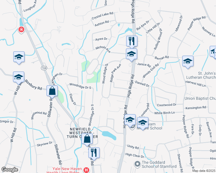 map of restaurants, bars, coffee shops, grocery stores, and more near 140 Ridge Park Avenue in Stamford