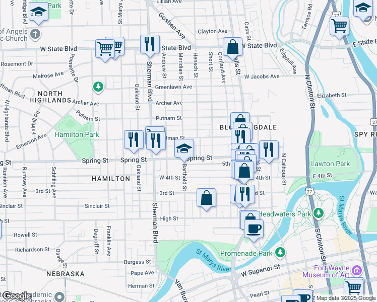 map of restaurants, bars, coffee shops, grocery stores, and more near 1617 Geller Street in Fort Wayne