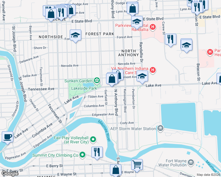 map of restaurants, bars, coffee shops, grocery stores, and more near 1714 Lake Avenue in Fort Wayne