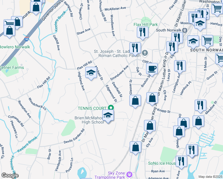 map of restaurants, bars, coffee shops, grocery stores, and more near 7 Edgewood Street in Norwalk