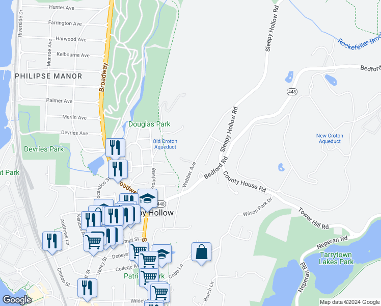 map of restaurants, bars, coffee shops, grocery stores, and more near 149 Webber Avenue in Sleepy Hollow