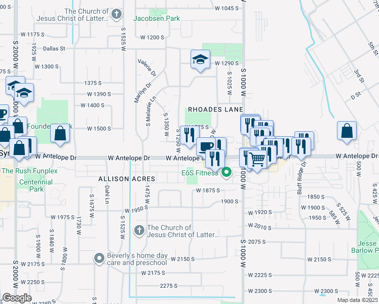 map of restaurants, bars, coffee shops, grocery stores, and more near 1206 West 1700 South in Syracuse