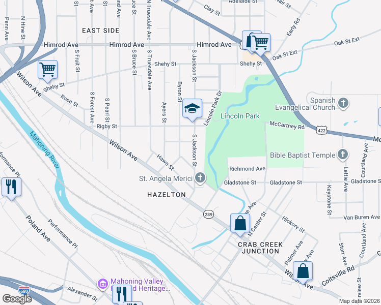 map of restaurants, bars, coffee shops, grocery stores, and more near 340 South Jackson Street in Youngstown
