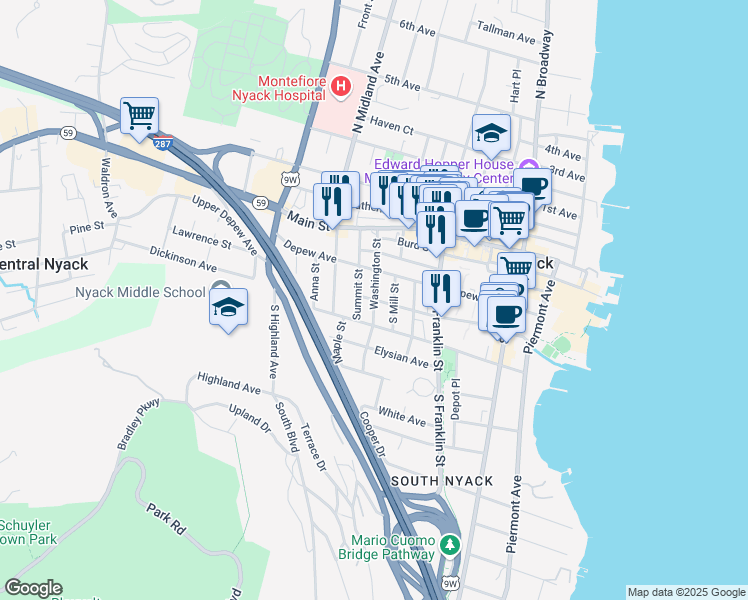 map of restaurants, bars, coffee shops, grocery stores, and more near Washington Street in Nyack