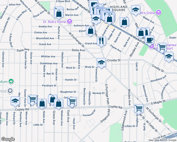 map of restaurants, bars, coffee shops, grocery stores, and more near 314 Hillwood Drive in Akron