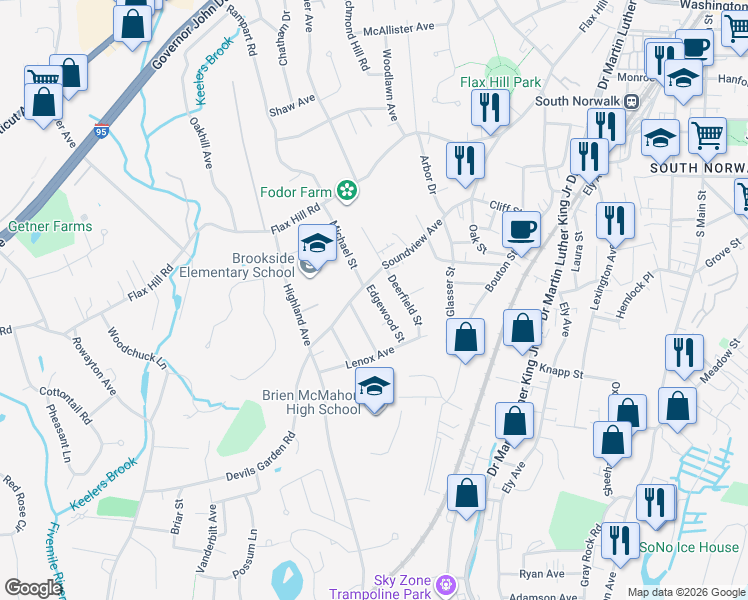 map of restaurants, bars, coffee shops, grocery stores, and more near 7 Edgewood Street in Norwalk