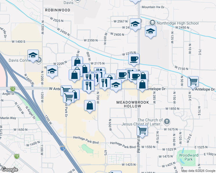 map of restaurants, bars, coffee shops, grocery stores, and more near 664 Antelope Drive in Layton