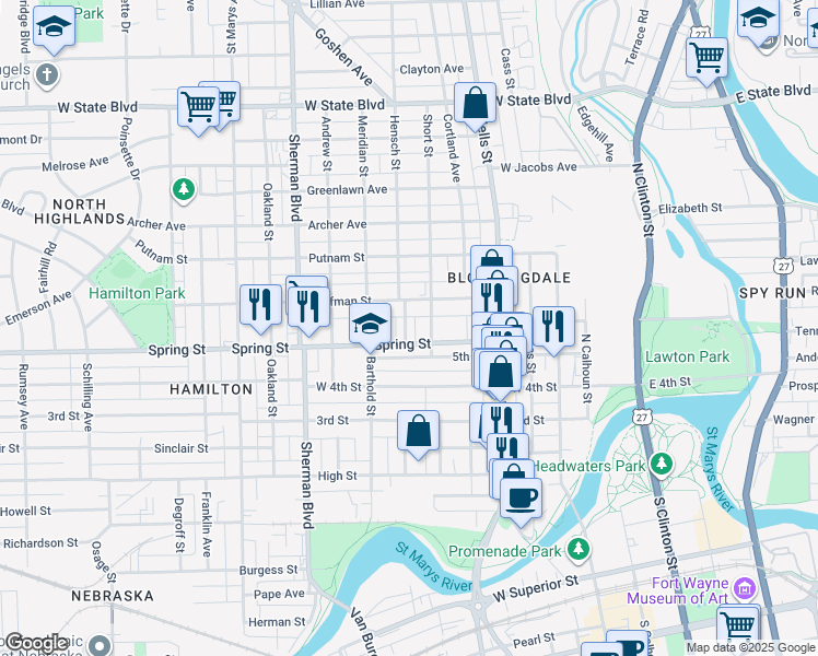 map of restaurants, bars, coffee shops, grocery stores, and more near 1618 Kelly Drive in Fort Wayne