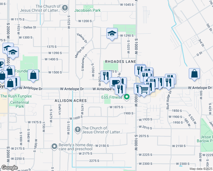 map of restaurants, bars, coffee shops, grocery stores, and more near 1200 West 1700 South in Syracuse