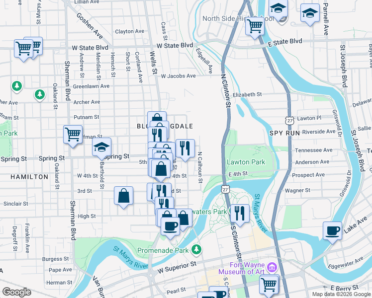 map of restaurants, bars, coffee shops, grocery stores, and more near 115 6th Street in Fort Wayne