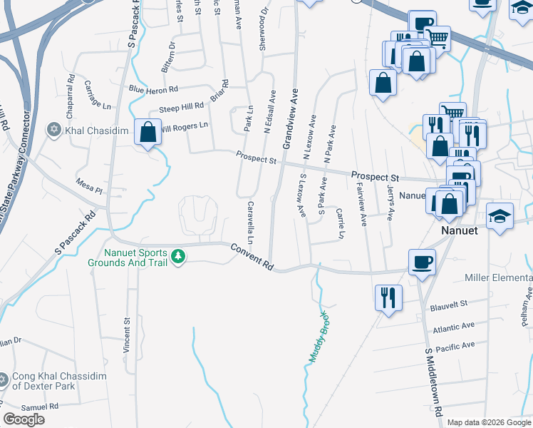 map of restaurants, bars, coffee shops, grocery stores, and more near 167 Grandview Avenue in Nanuet