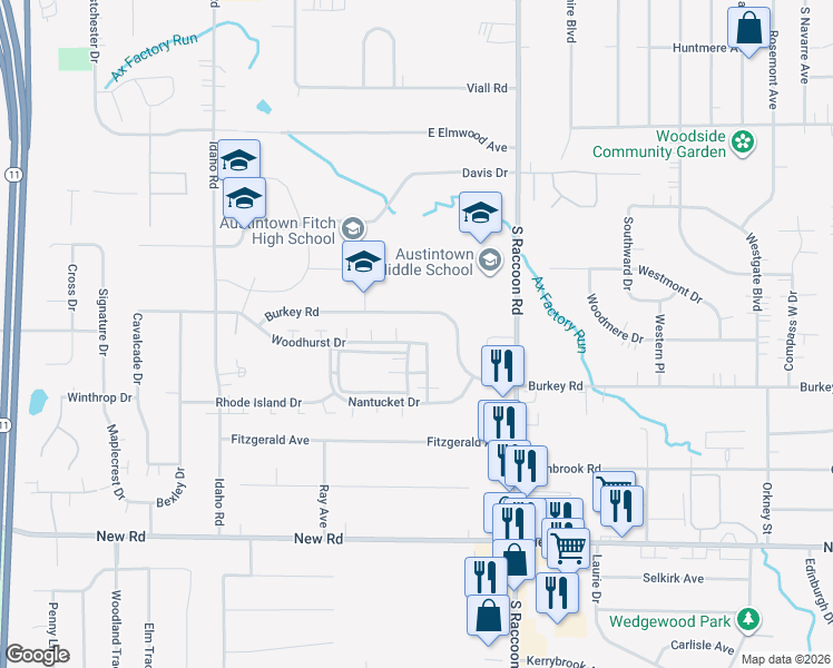 map of restaurants, bars, coffee shops, grocery stores, and more near 1209 Woodhurst Drive in Youngstown