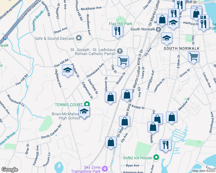 map of restaurants, bars, coffee shops, grocery stores, and more near 29 Glasser Street in Norwalk