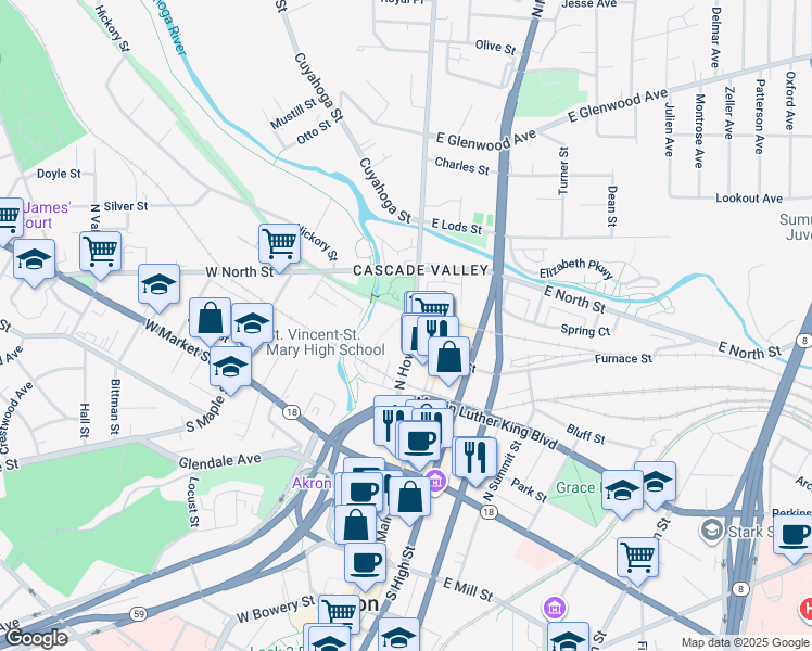 map of restaurants, bars, coffee shops, grocery stores, and more near 152 North Howard Street in Akron