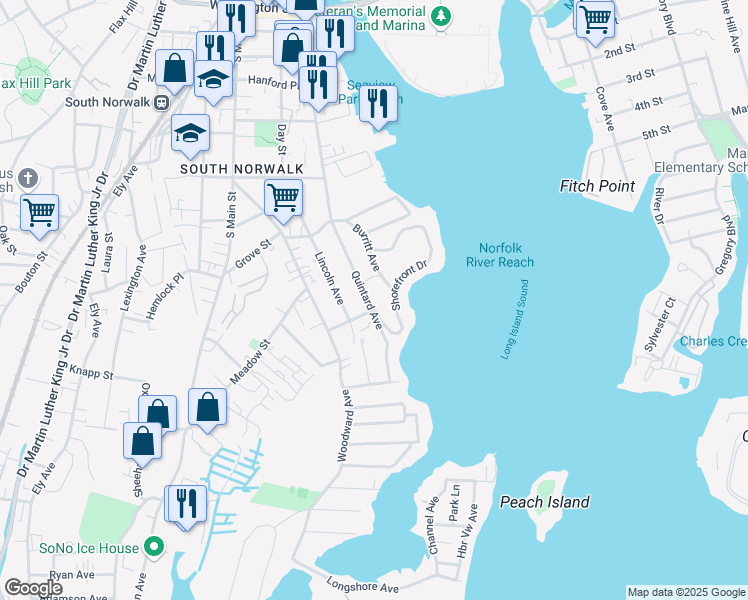 map of restaurants, bars, coffee shops, grocery stores, and more near 40 Quintard Avenue in Norwalk