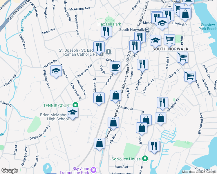 map of restaurants, bars, coffee shops, grocery stores, and more near 50 Bouton St in Norwalk