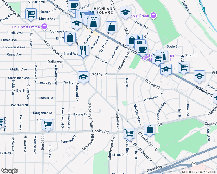 map of restaurants, bars, coffee shops, grocery stores, and more near 187 Beck Avenue in Akron