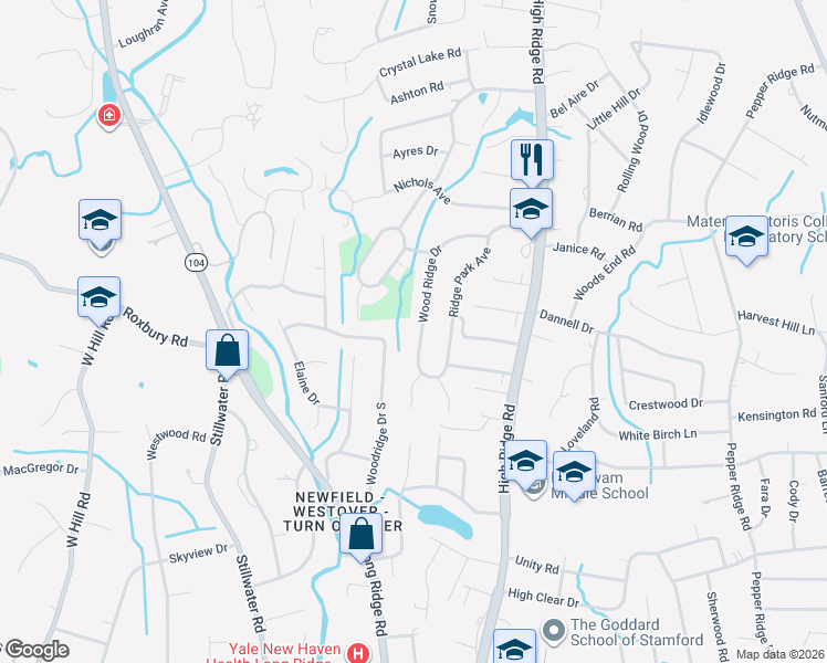 map of restaurants, bars, coffee shops, grocery stores, and more near 119 Wood Ridge Drive in Stamford