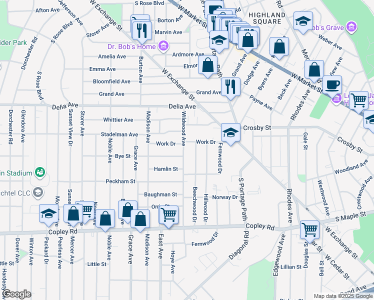 map of restaurants, bars, coffee shops, grocery stores, and more near 319 Wildwood Avenue in Akron