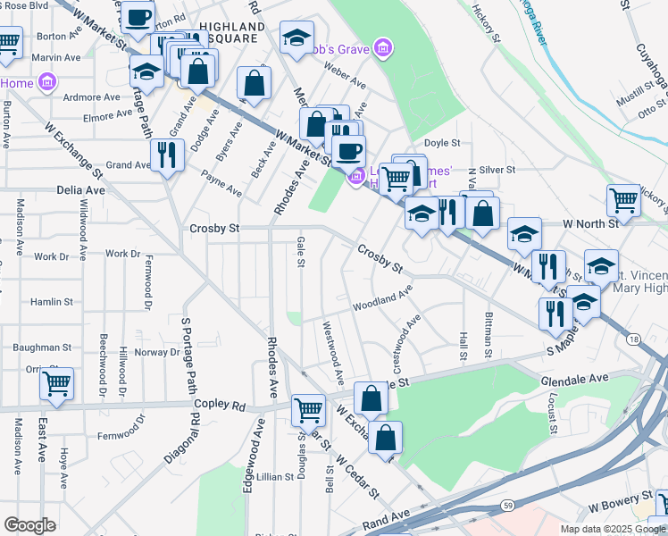 map of restaurants, bars, coffee shops, grocery stores, and more near 116 South Balch Street in Akron