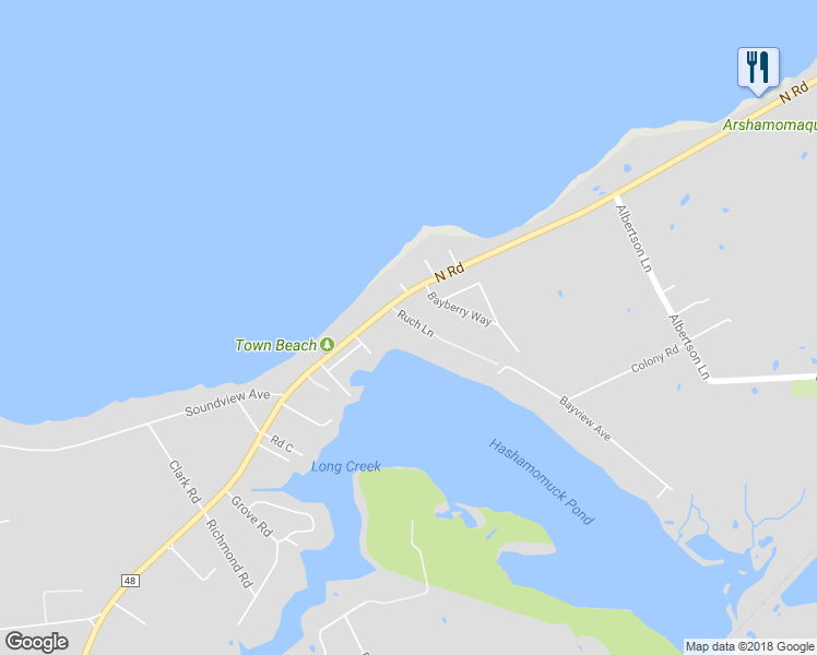 map of restaurants, bars, coffee shops, grocery stores, and more near 360 Ruch Lane in Southold