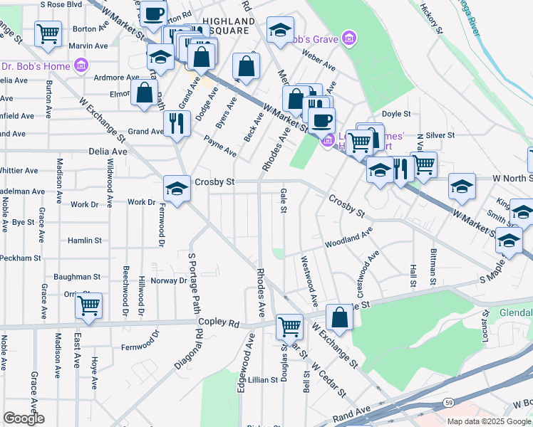 map of restaurants, bars, coffee shops, grocery stores, and more near 163 Rhodes Avenue in Akron