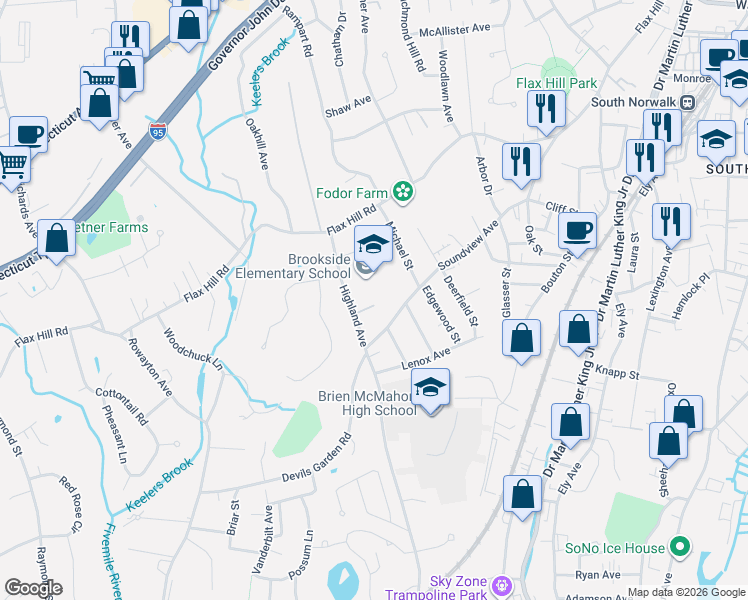 map of restaurants, bars, coffee shops, grocery stores, and more near 5 Upland Court in Norwalk