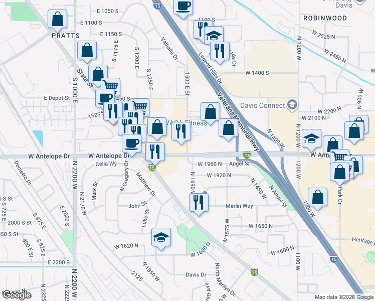 map of restaurants, bars, coffee shops, grocery stores, and more near 2250 North 1700 West in Layton