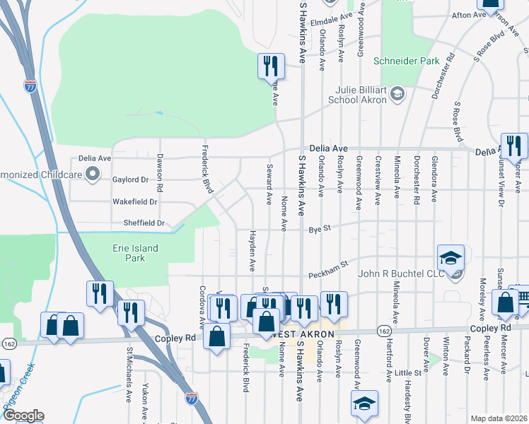 map of restaurants, bars, coffee shops, grocery stores, and more near 730 Seward Ave in Akron