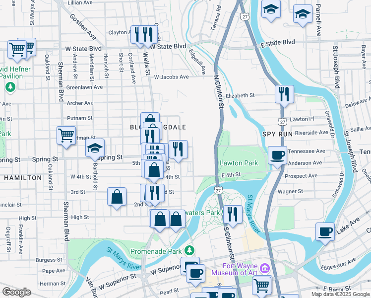 map of restaurants, bars, coffee shops, grocery stores, and more near 115 6th Street in Fort Wayne