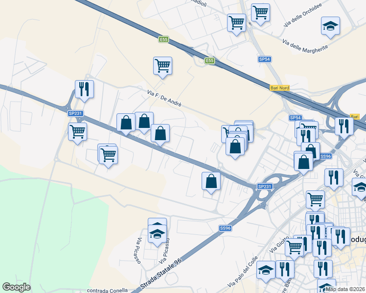 map of restaurants, bars, coffee shops, grocery stores, and more near in Modugno