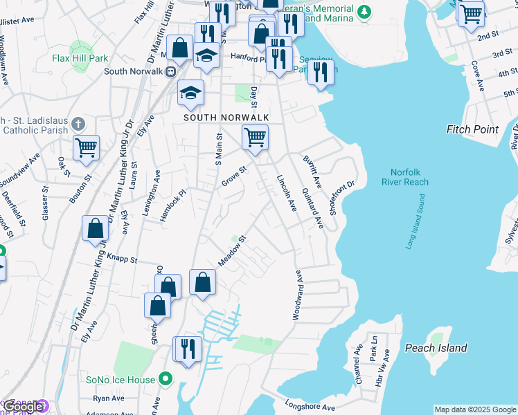 map of restaurants, bars, coffee shops, grocery stores, and more near 81 Woodward Avenue in Norwalk