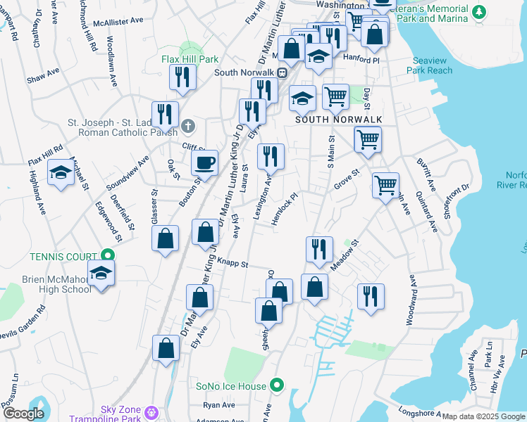 map of restaurants, bars, coffee shops, grocery stores, and more near 69 Lexington Avenue in Norwalk