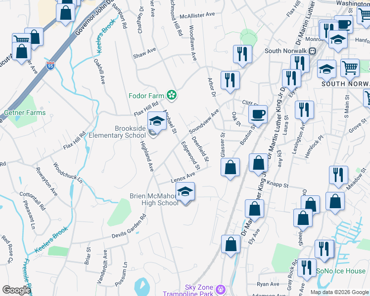 map of restaurants, bars, coffee shops, grocery stores, and more near 7 Edgewood Street in Norwalk