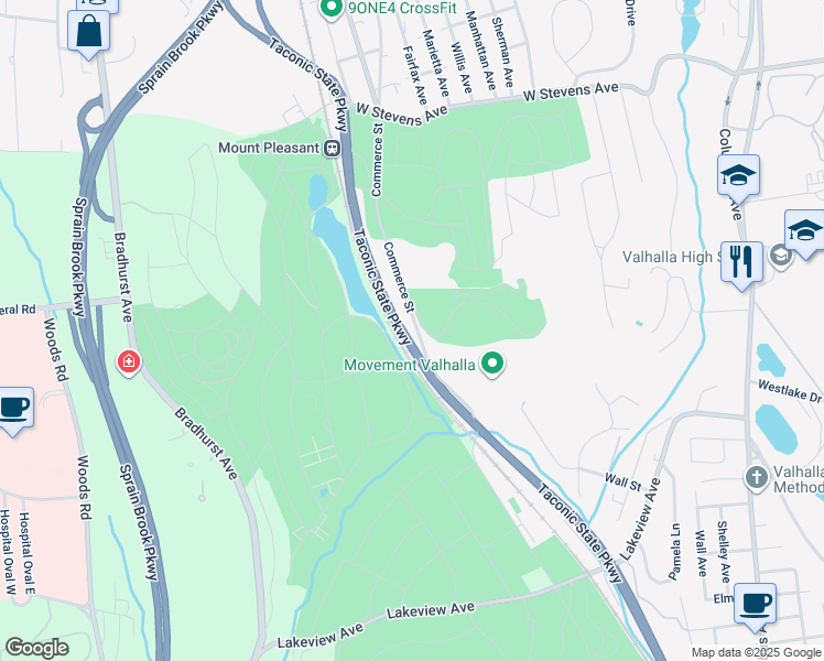 map of restaurants, bars, coffee shops, grocery stores, and more near Taconic State Parkway in Hawthorne