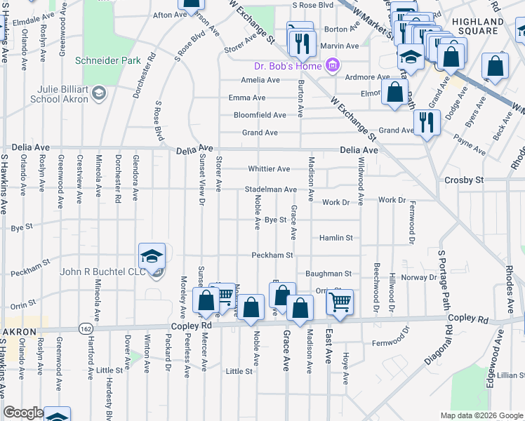 map of restaurants, bars, coffee shops, grocery stores, and more near 295 Noble Avenue in Akron
