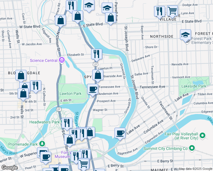map of restaurants, bars, coffee shops, grocery stores, and more near 641 Tennessee Avenue in Fort Wayne