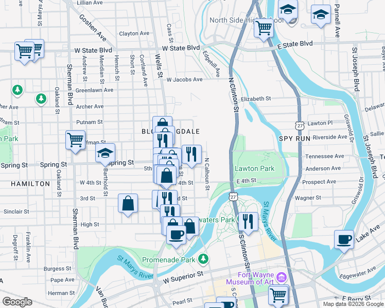 map of restaurants, bars, coffee shops, grocery stores, and more near 115 6th Street in Fort Wayne