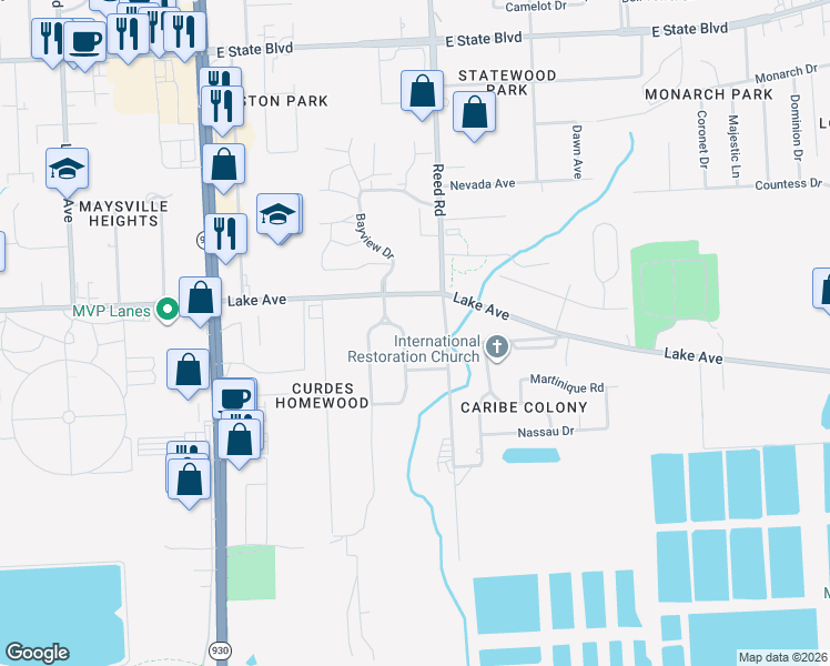 map of restaurants, bars, coffee shops, grocery stores, and more near 1336 Pinevalley Drive in Fort Wayne