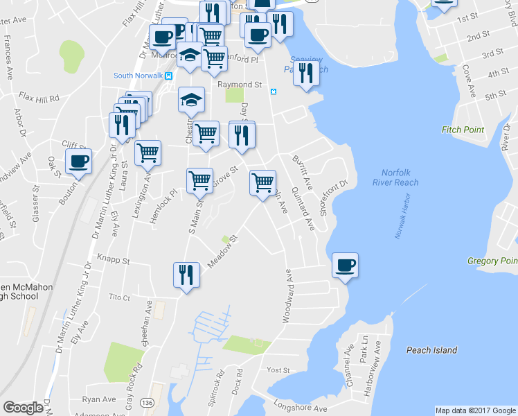 map of restaurants, bars, coffee shops, grocery stores, and more near 81 Woodward Avenue in Norwalk
