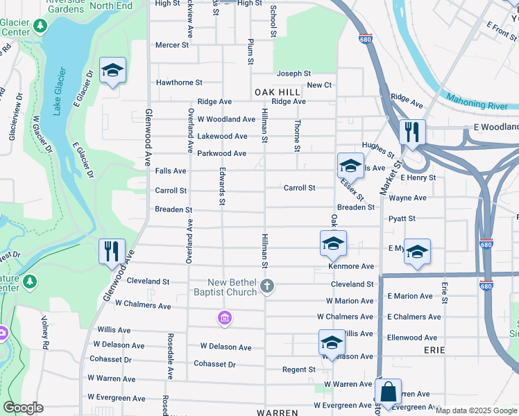 map of restaurants, bars, coffee shops, grocery stores, and more near 1028 Hillman Street in Youngstown