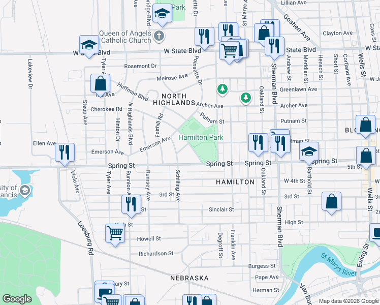 map of restaurants, bars, coffee shops, grocery stores, and more near 1421 Cherokee Rd in Fort Wayne
